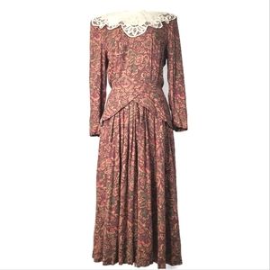 1980s Floral Print Earth Tone Midi Vintage Dress By Nancy Johnson